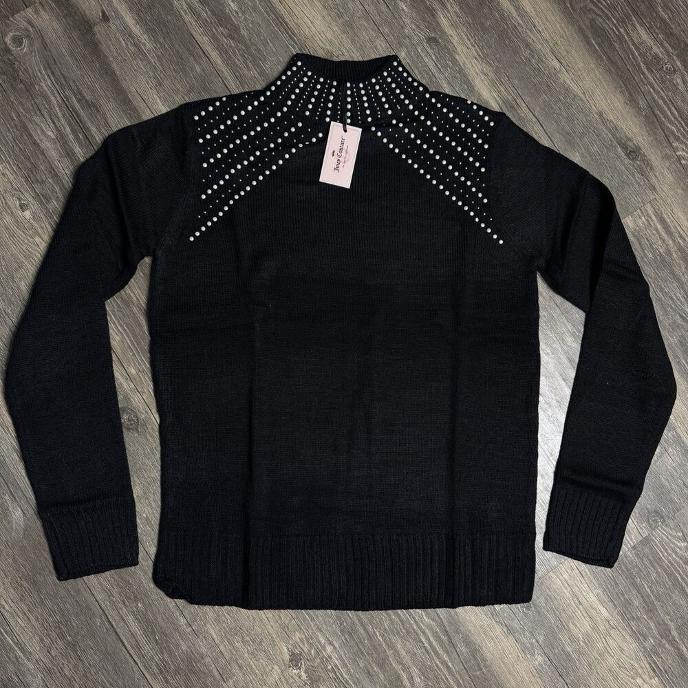 Juicy Couture Pearl Rhinestone Sweater Black Mock Neck Glam Chic Size M
